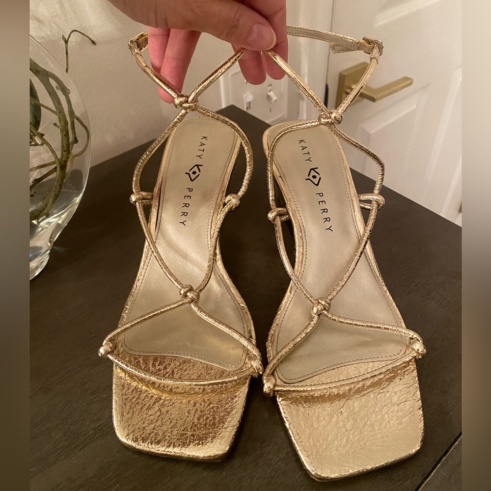 Katy Perry Gold Lace-up Slim Block Wedge Heels - Sz 10 - worn once!